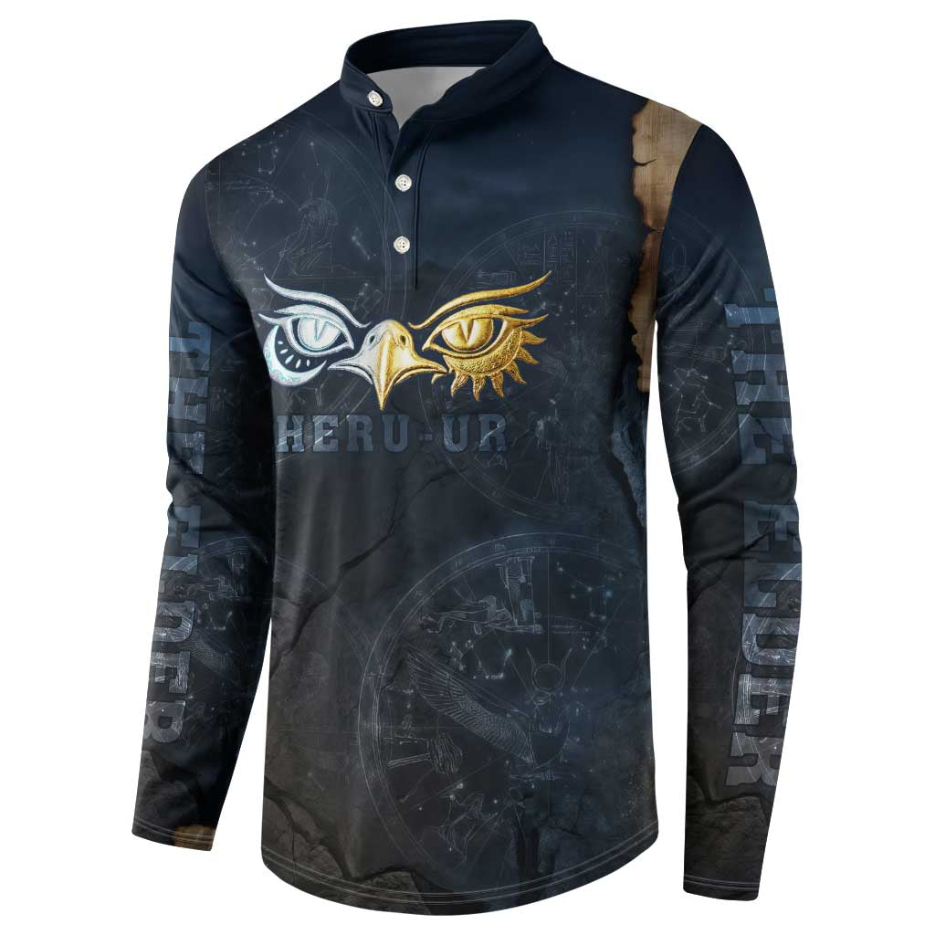 Heru-Ur Falcon Eyes Button Sweatshirt Solar Disk Ancient Egyptian Mythology in Dark Stone