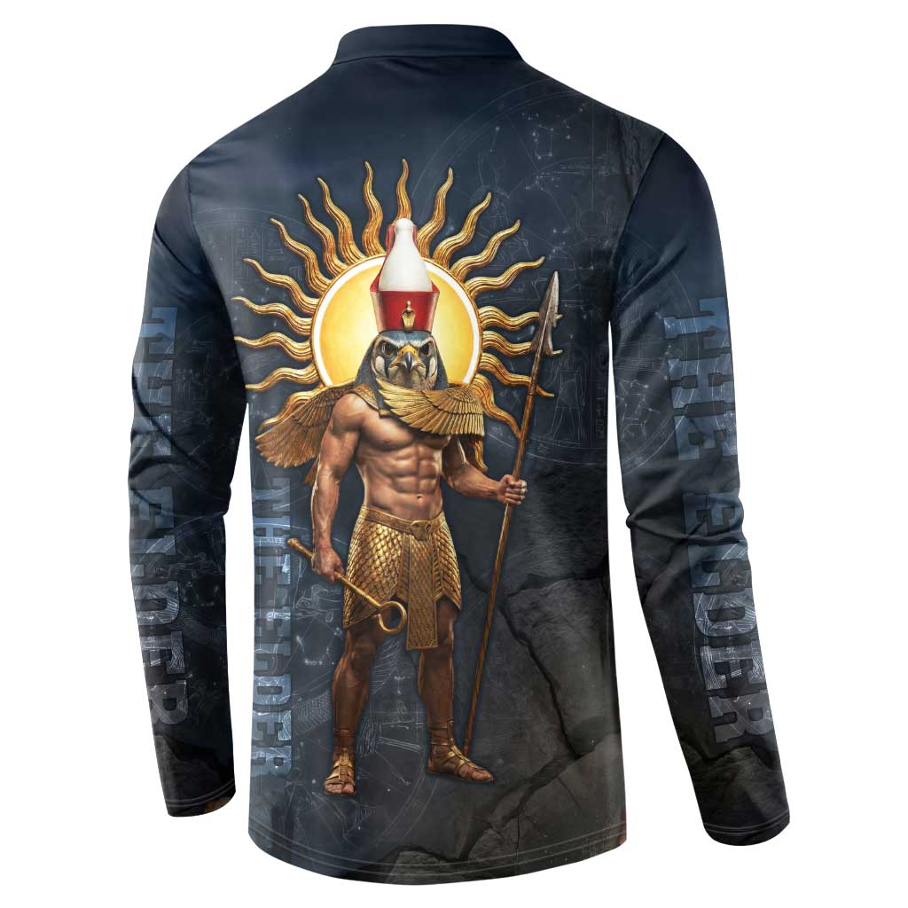 Heru-Ur Falcon Eyes Button Sweatshirt Solar Disk Ancient Egyptian Mythology in Dark Stone