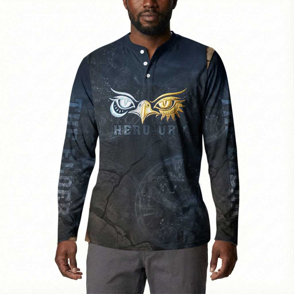 Heru-Ur Falcon Eyes Button Sweatshirt Solar Disk Ancient Egyptian Mythology in Dark Stone