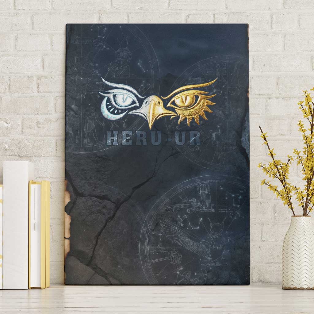 Heru-Ur Falcon Eyes Canvas Wall Art Solar Disk Ancient Egyptian Mythology in Dark Stone