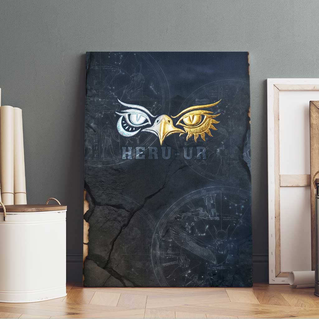 Heru-Ur Falcon Eyes Canvas Wall Art Solar Disk Ancient Egyptian Mythology in Dark Stone