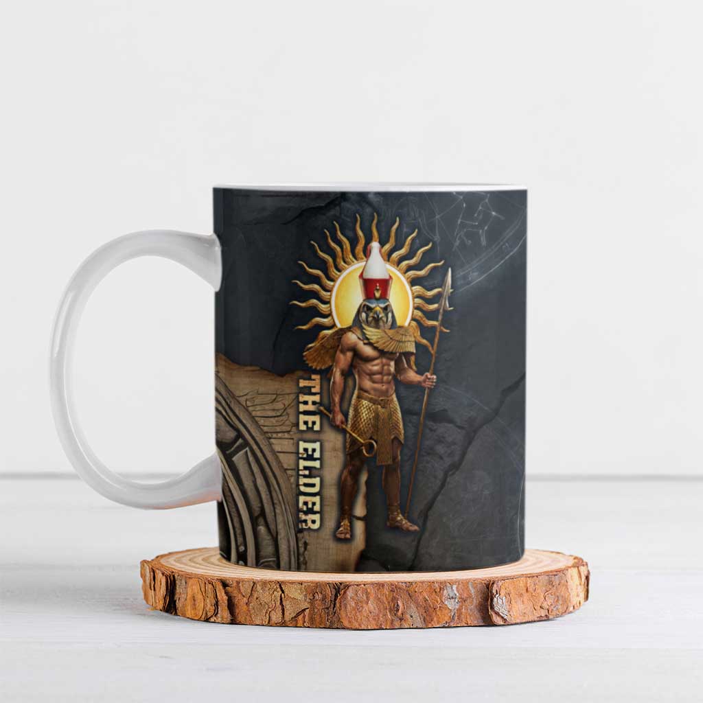 Heru-Ur Falcon Eyes Ceramic Mug Solar Disk Ancient Egyptian Mythology in Dark Stone