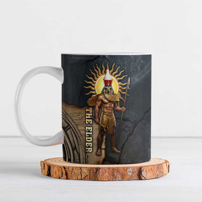 Heru-Ur Falcon Eyes Ceramic Mug Solar Disk Ancient Egyptian Mythology in Dark Stone
