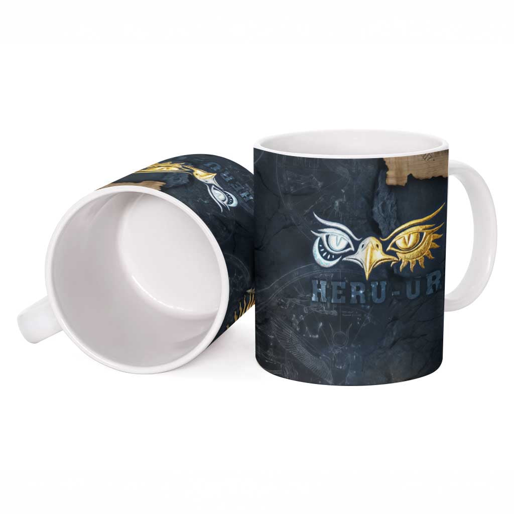 Heru-Ur Falcon Eyes Ceramic Mug Solar Disk Ancient Egyptian Mythology in Dark Stone