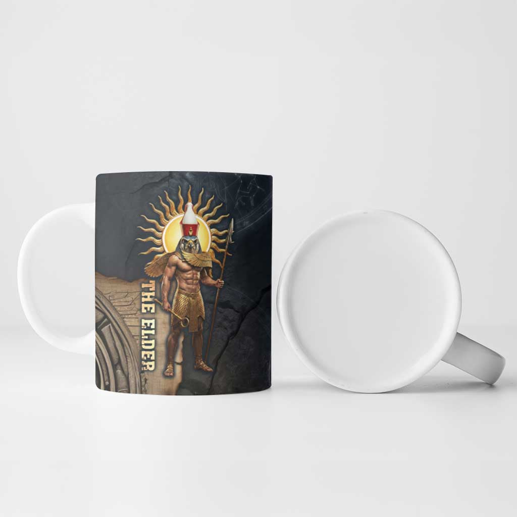 Heru-Ur Falcon Eyes Ceramic Mug Solar Disk Ancient Egyptian Mythology in Dark Stone