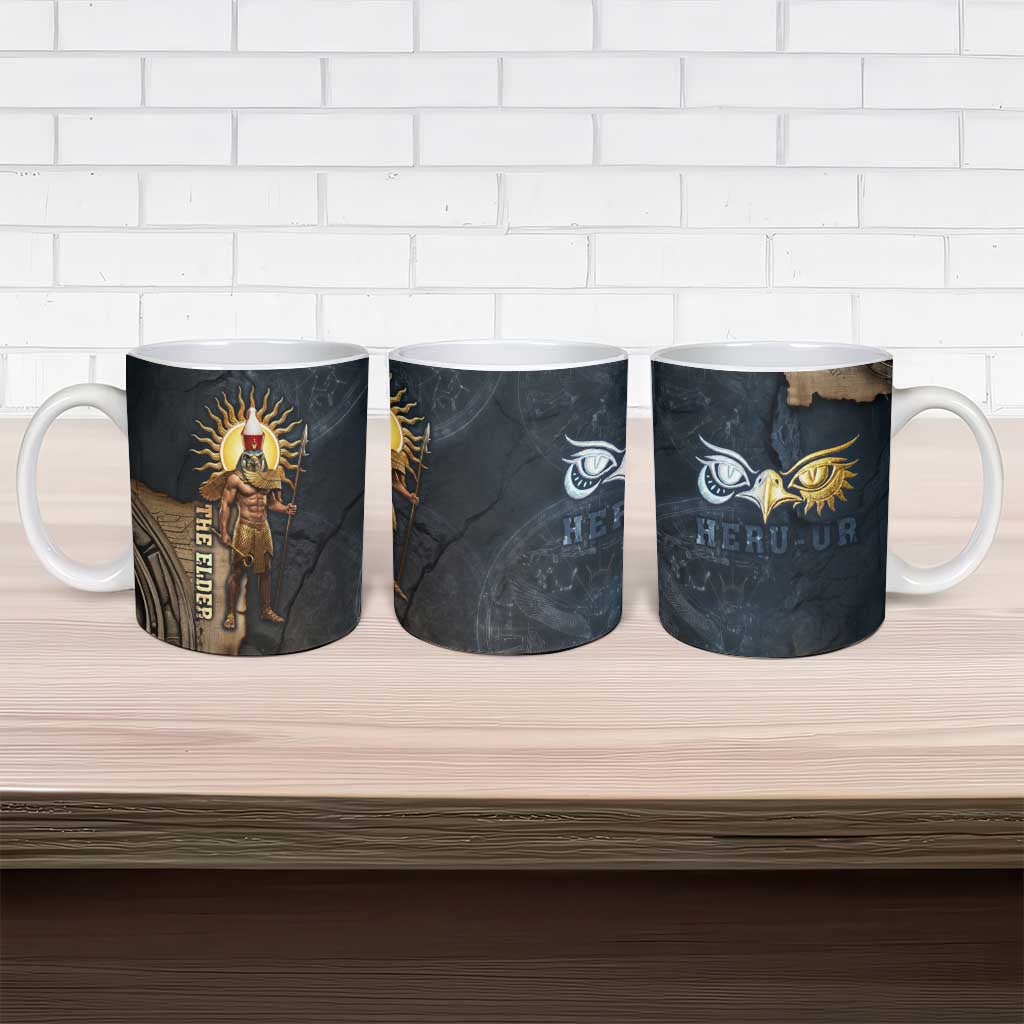 Heru-Ur Falcon Eyes Ceramic Mug Solar Disk Ancient Egyptian Mythology in Dark Stone