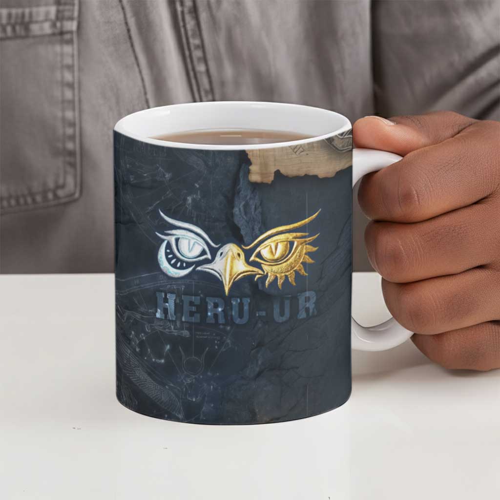 Heru-Ur Falcon Eyes Ceramic Mug Solar Disk Ancient Egyptian Mythology in Dark Stone