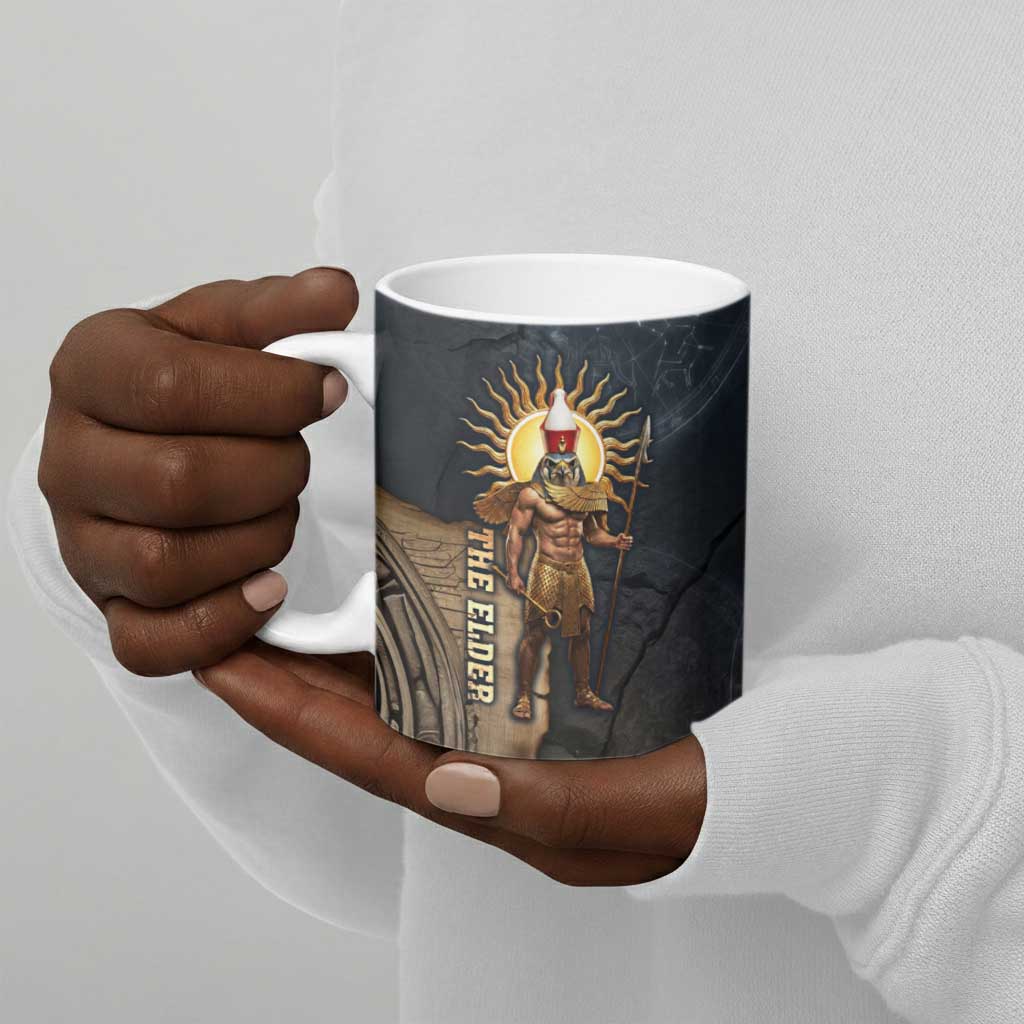 Heru-Ur Falcon Eyes Ceramic Mug Solar Disk Ancient Egyptian Mythology in Dark Stone