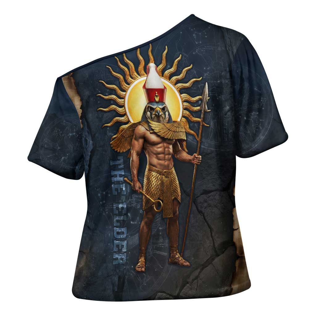 Heru-Ur Falcon Eyes Cross Shoulder Shirt Solar Disk Ancient Egyptian Mythology in Dark Stone