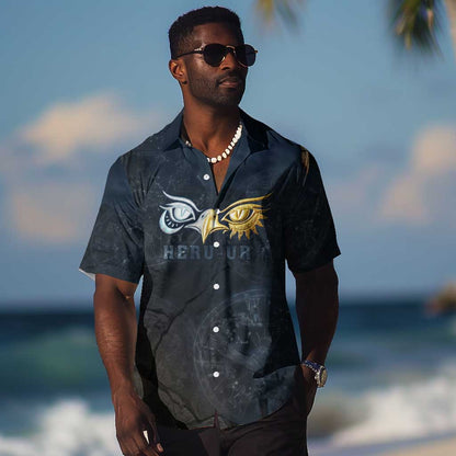 Heru-Ur Falcon Eyes Hawaiian Shirt Solar Disk Ancient Egyptian Mythology in Dark Stone