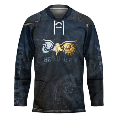 Heru-Ur Falcon Eyes Hockey Jersey Solar Disk Ancient Egyptian Mythology in Dark Stone