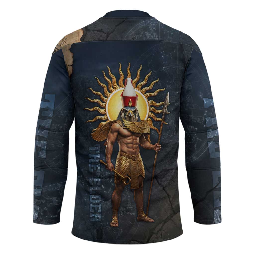 Heru-Ur Falcon Eyes Hockey Jersey Solar Disk Ancient Egyptian Mythology in Dark Stone