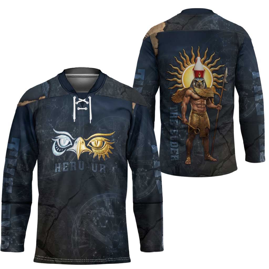Heru-Ur Falcon Eyes Hockey Jersey Solar Disk Ancient Egyptian Mythology in Dark Stone