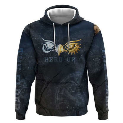 Heru-Ur Falcon Eyes Hoodie Solar Disk Ancient Egyptian Mythology in Dark Stone