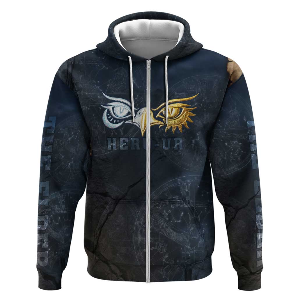 Heru-Ur Falcon Eyes Hoodie Solar Disk Ancient Egyptian Mythology in Dark Stone