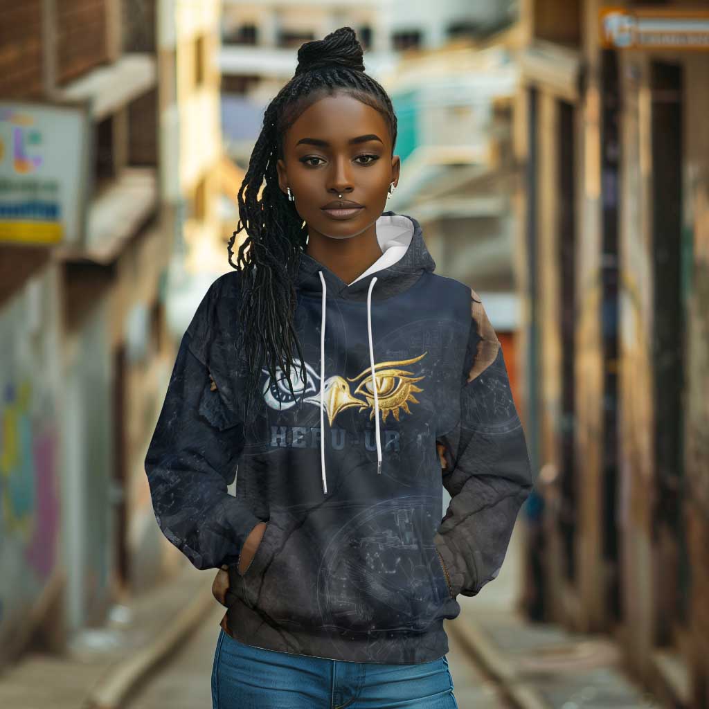 Heru-Ur Falcon Eyes Hoodie Solar Disk Ancient Egyptian Mythology in Dark Stone
