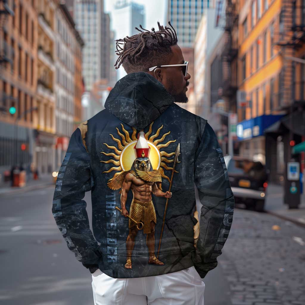 Heru-Ur Falcon Eyes Hoodie Solar Disk Ancient Egyptian Mythology in Dark Stone