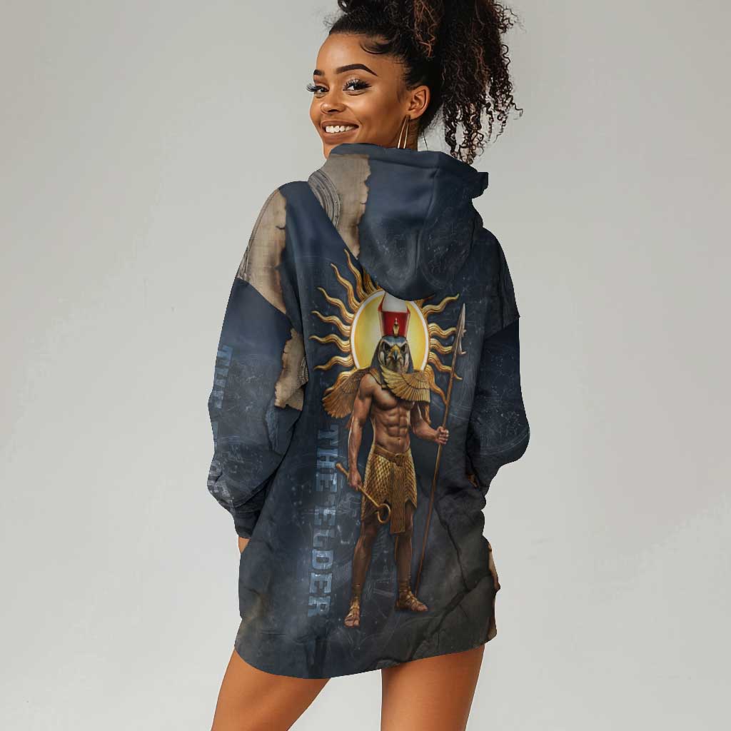 Heru-Ur Falcon Eyes Hoodie Dress Solar Disk Ancient Egyptian Mythology in Dark Stone