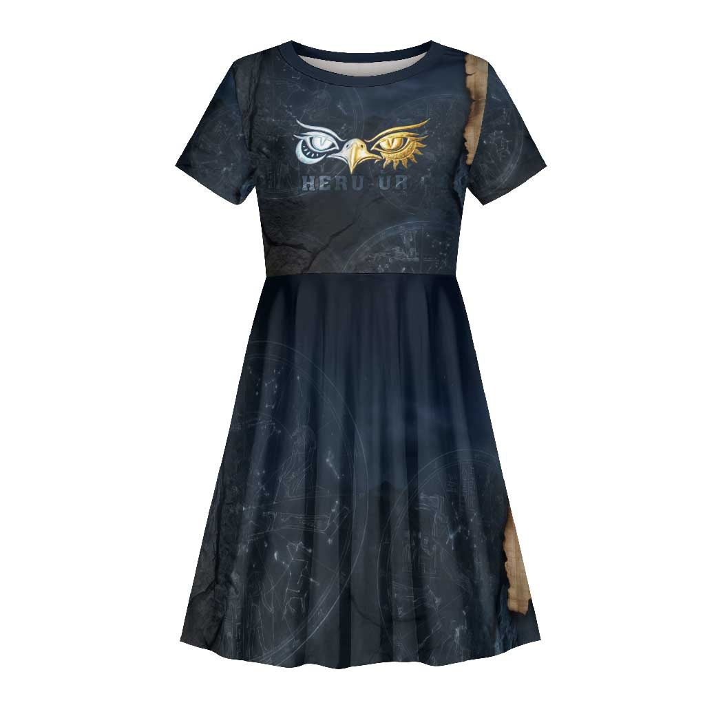 Heru-Ur Falcon Eyes Kid Short Sleeve Dress Solar Disk Ancient Egyptian Mythology in Dark Stone
