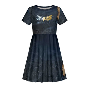 Heru-Ur Falcon Eyes Kid Short Sleeve Dress Solar Disk Ancient Egyptian Mythology in Dark Stone