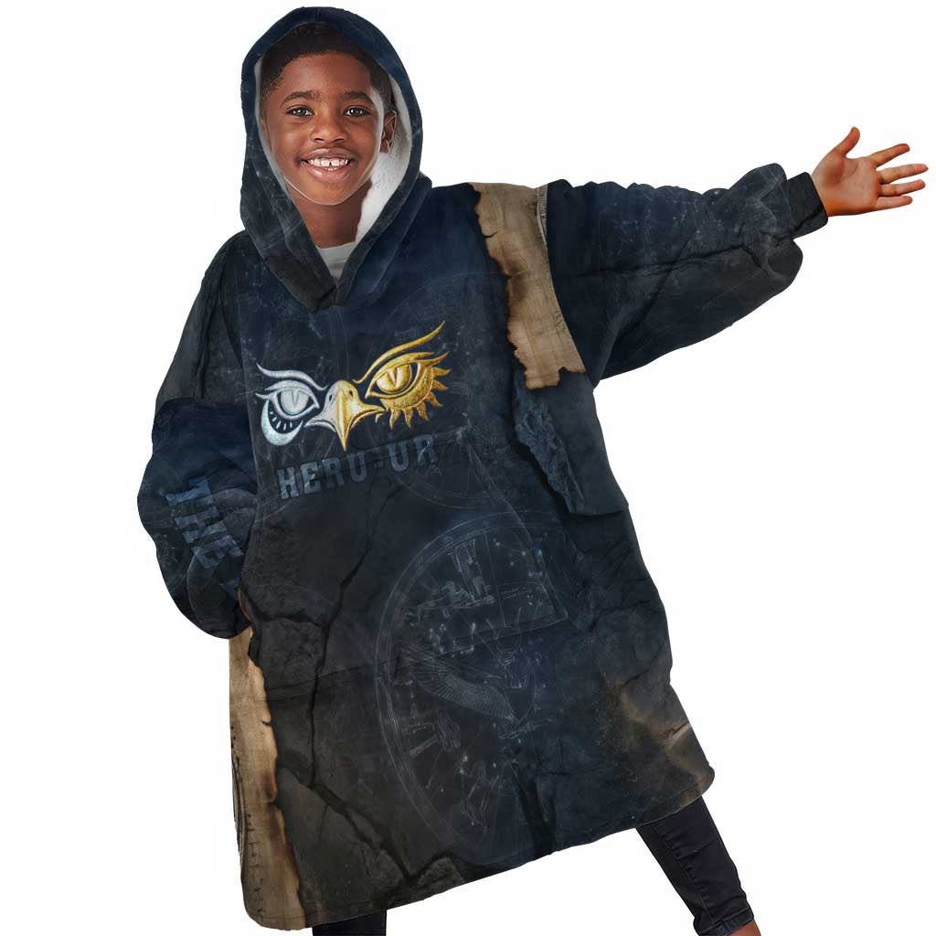 Heru-Ur Falcon Eyes Kid Wearable Blanket Hoodie Solar Disk Ancient Egyptian Mythology in Dark Stone