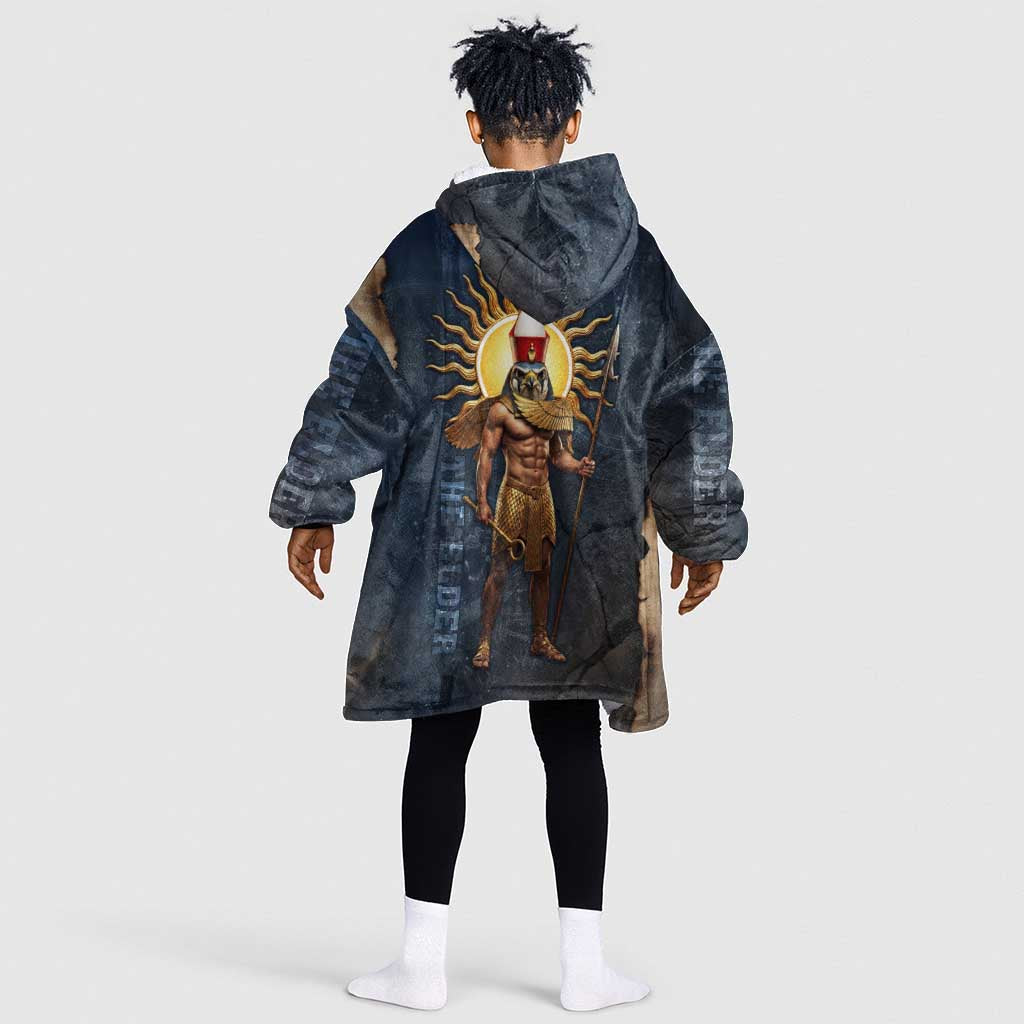Heru-Ur Falcon Eyes Kid Wearable Blanket Hoodie Solar Disk Ancient Egyptian Mythology in Dark Stone