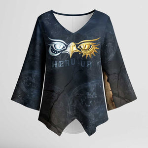 Heru-Ur Falcon Eyes Kimono Sleeve Blouse Solar Disk Ancient Egyptian Mythology in Dark Stone