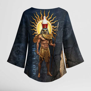 Heru-Ur Falcon Eyes Kimono Sleeve Blouse Solar Disk Ancient Egyptian Mythology in Dark Stone