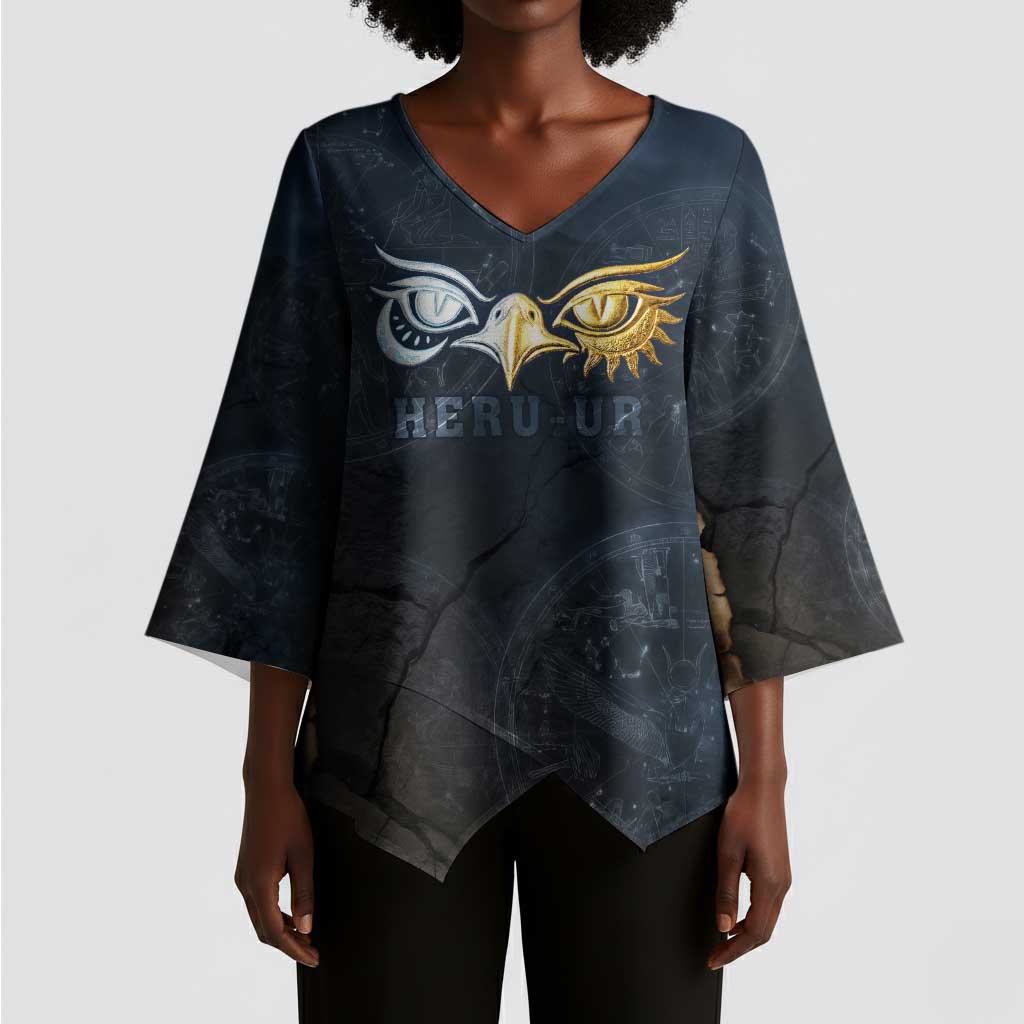 Heru-Ur Falcon Eyes Kimono Sleeve Blouse Solar Disk Ancient Egyptian Mythology in Dark Stone