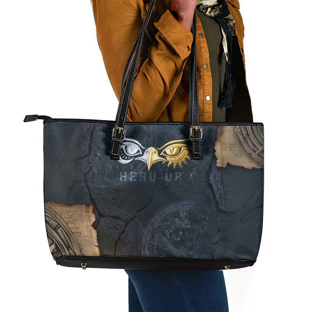 Heru-Ur Falcon Eyes Leather Tote Bag Solar Disk Ancient Egyptian Mythology in Dark Stone