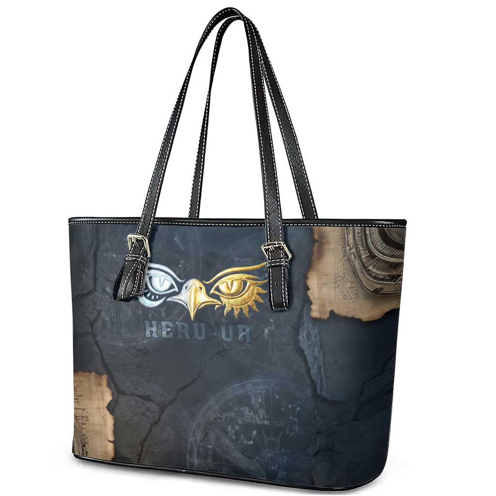 Heru-Ur Falcon Eyes Leather Tote Bag Solar Disk Ancient Egyptian Mythology in Dark Stone