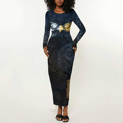Heru-Ur Falcon Eyes Long Sleeve Bodycon Dress Solar Disk Ancient Egyptian Mythology in Dark Stone