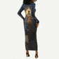 Heru-Ur Falcon Eyes Long Sleeve Bodycon Dress Solar Disk Ancient Egyptian Mythology in Dark Stone
