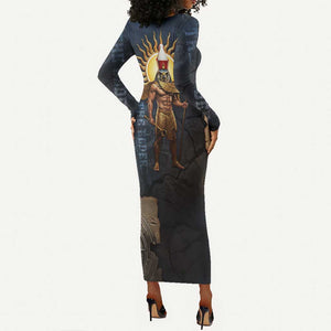 Heru-Ur Falcon Eyes Long Sleeve Bodycon Dress Solar Disk Ancient Egyptian Mythology in Dark Stone