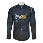 Heru-Ur Falcon Eyes Long Sleeve Button Shirt Solar Disk Ancient Egyptian Mythology in Dark Stone