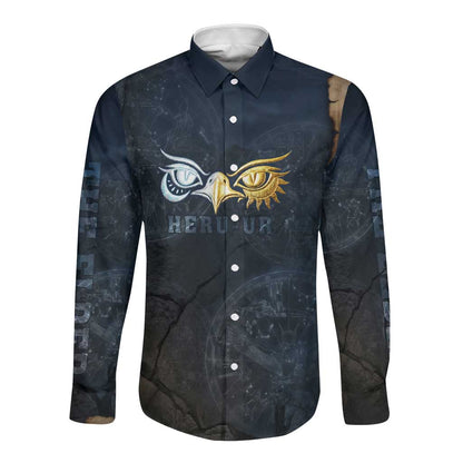 Heru-Ur Falcon Eyes Long Sleeve Button Shirt Solar Disk Ancient Egyptian Mythology in Dark Stone