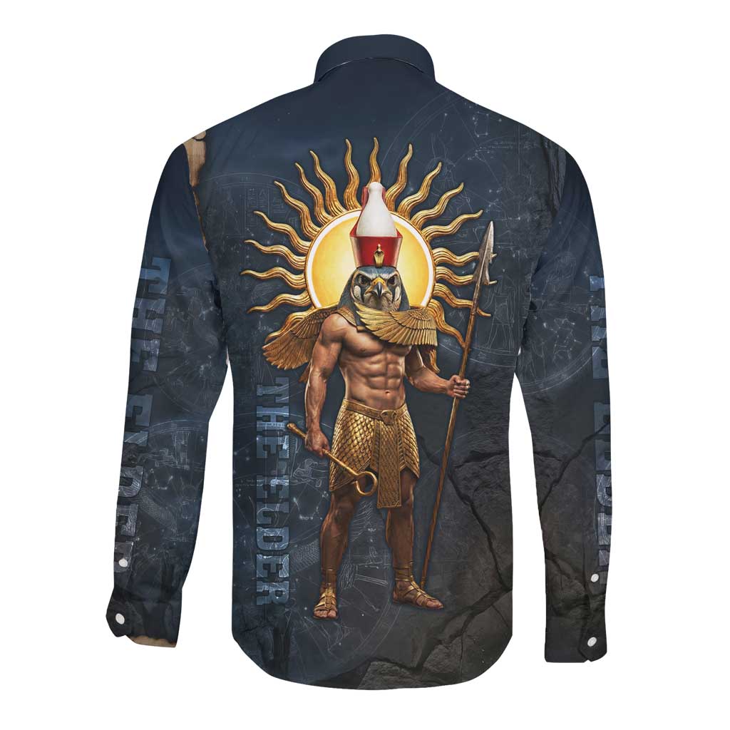 Heru-Ur Falcon Eyes Long Sleeve Button Shirt Solar Disk Ancient Egyptian Mythology in Dark Stone