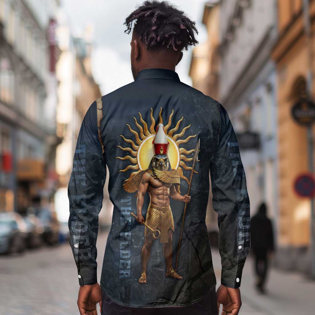 Heru-Ur Falcon Eyes Long Sleeve Button Shirt Solar Disk Ancient Egyptian Mythology in Dark Stone