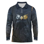 Heru-Ur Falcon Eyes Long Sleeve Polo Shirt Solar Disk Ancient Egyptian Mythology in Dark Stone