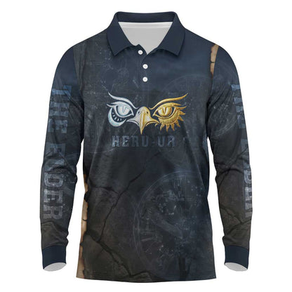 Heru-Ur Falcon Eyes Long Sleeve Polo Shirt Solar Disk Ancient Egyptian Mythology in Dark Stone