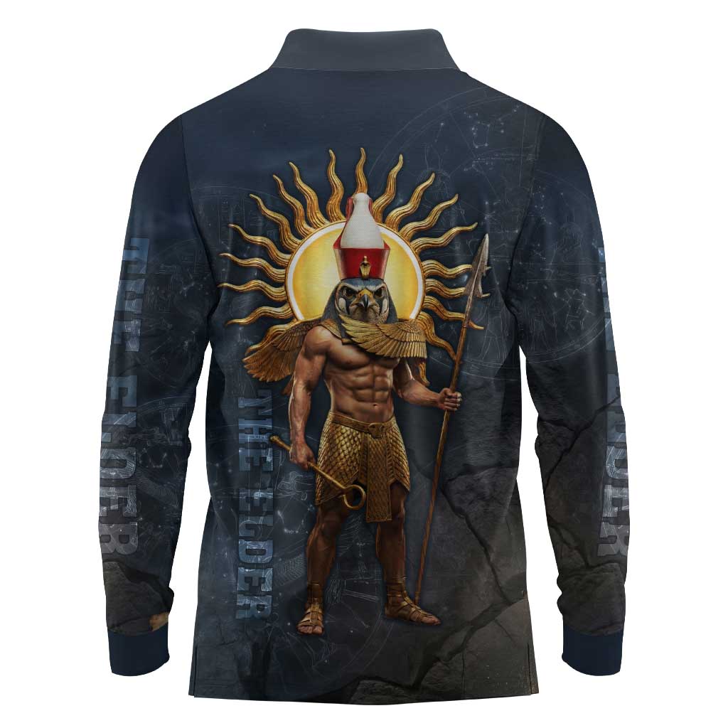 Heru-Ur Falcon Eyes Long Sleeve Polo Shirt Solar Disk Ancient Egyptian Mythology in Dark Stone