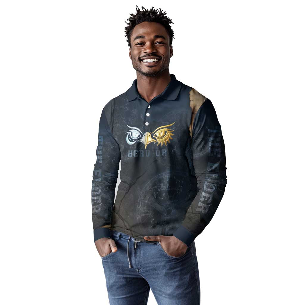 Heru-Ur Falcon Eyes Long Sleeve Polo Shirt Solar Disk Ancient Egyptian Mythology in Dark Stone