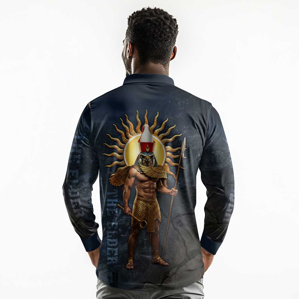 Heru-Ur Falcon Eyes Long Sleeve Polo Shirt Solar Disk Ancient Egyptian Mythology in Dark Stone