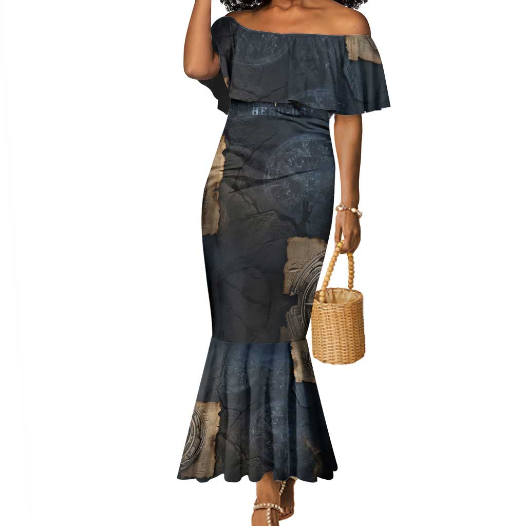 Heru-Ur Falcon Eyes Mermaid Dress Solar Disk Ancient Egyptian Mythology in Dark Stone