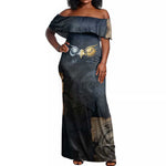Heru-Ur Falcon Eyes Off Shoulder Maxi Dress Solar Disk Ancient Egyptian Mythology in Dark Stone