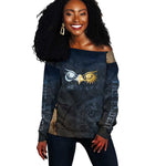 Heru-Ur Falcon Eyes Off Shoulder Sweater Solar Disk Ancient Egyptian Mythology in Dark Stone