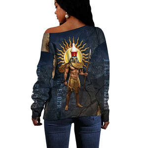 Heru-Ur Falcon Eyes Off Shoulder Sweater Solar Disk Ancient Egyptian Mythology in Dark Stone