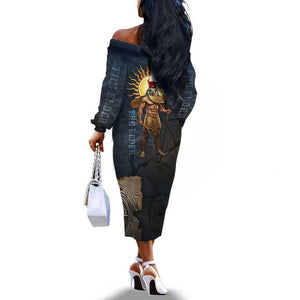 Heru-Ur Falcon Eyes Off The Shoulder Long Sleeve Dress Solar Disk Ancient Egyptian Mythology in Dark Stone