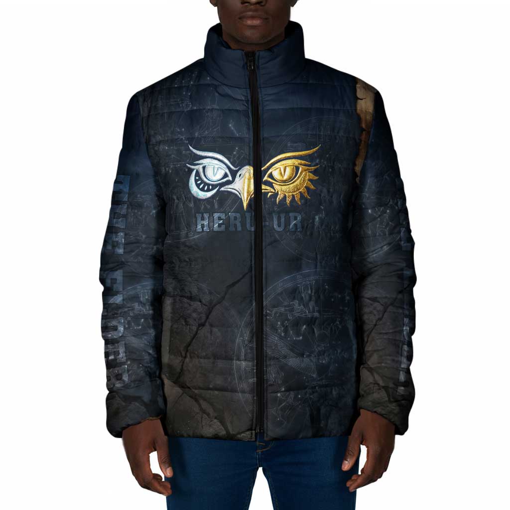 Heru-Ur Falcon Eyes Padded Jacket Solar Disk Ancient Egyptian Mythology in Dark Stone