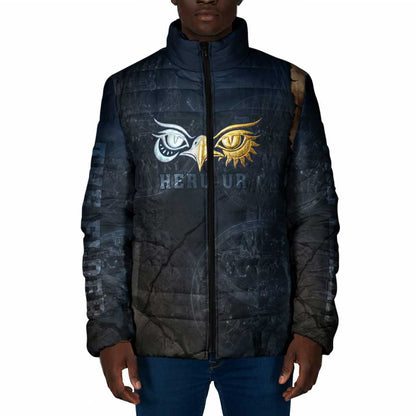 Heru-Ur Falcon Eyes Padded Jacket Solar Disk Ancient Egyptian Mythology in Dark Stone